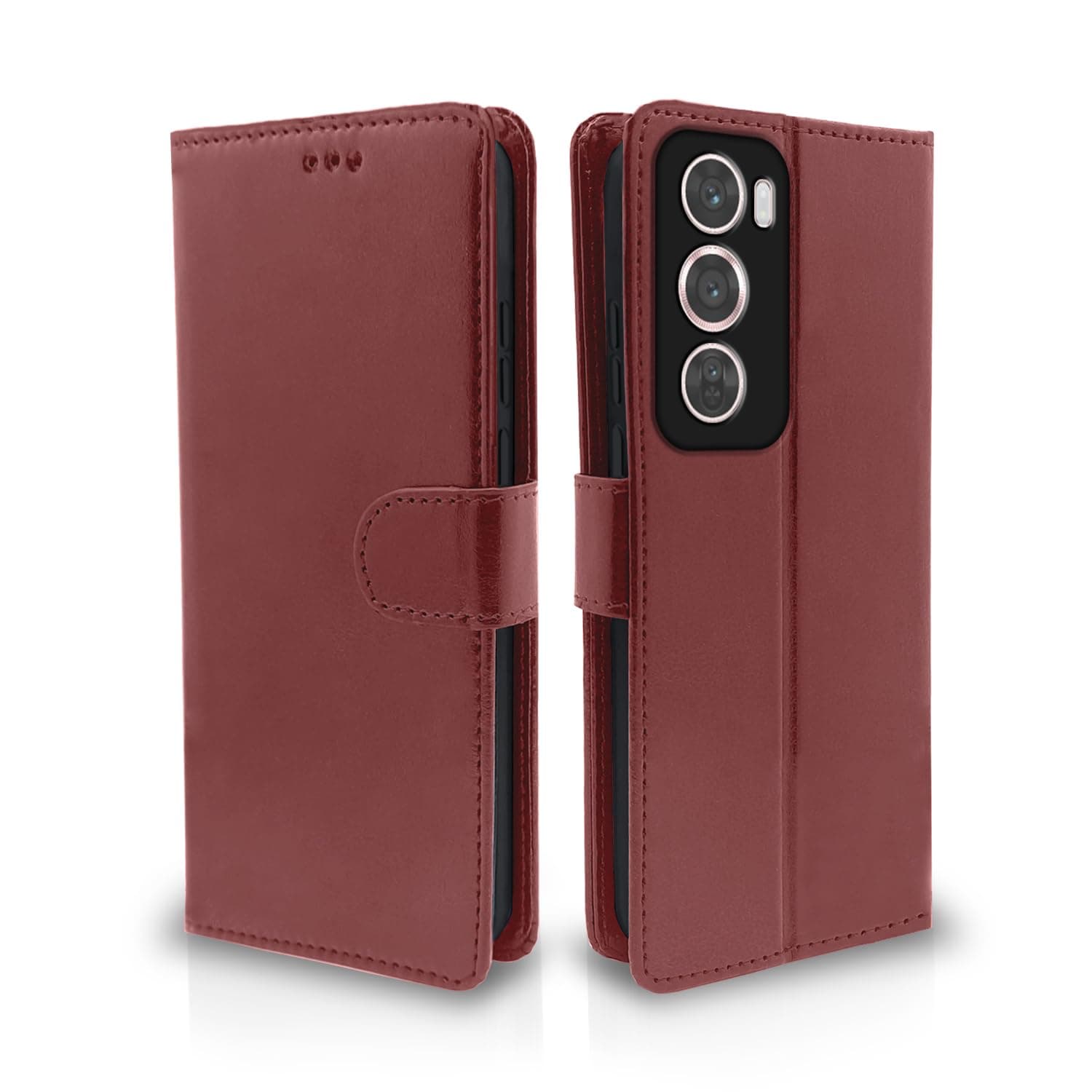 Pikkme Flip Cover Leather Finish | Inside TPU with Card Pockets | Wallet Stand and Shock Proof | Complete Protection Flip Case for Oppo Reno 12 Pro 5G (Brown)