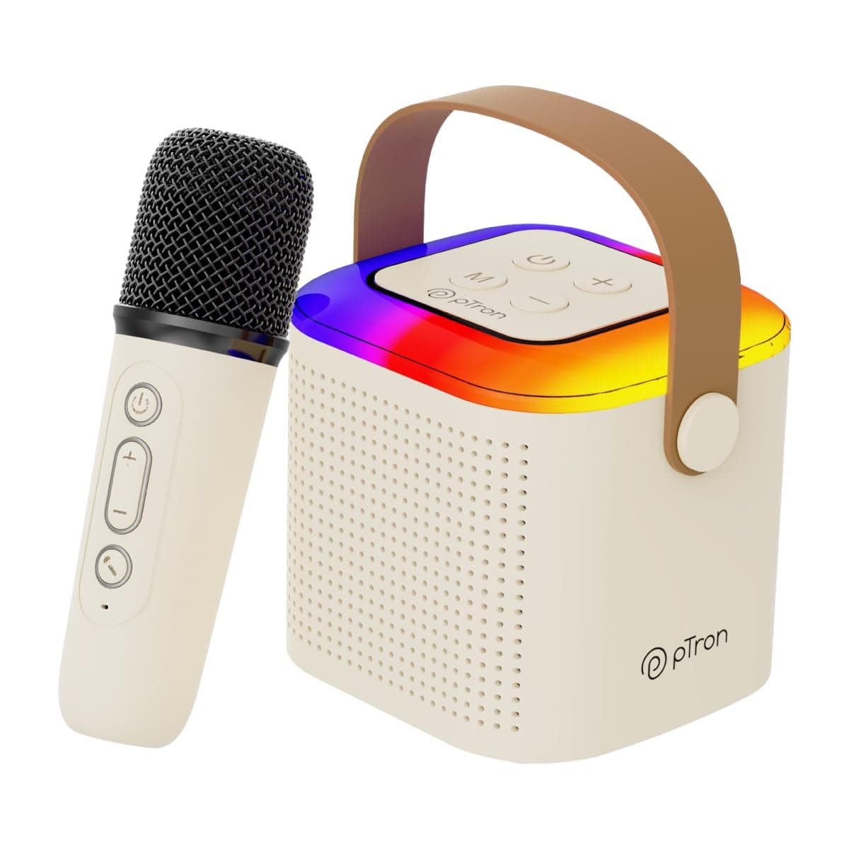 pTron Newly Launched Fusion Tunes 10W Mini Bluetooth Speaker, Wireless Karaoke Mic, 8Hrs Playtime, Vivid RGB Lights, Voice Effects, Multi-Play Modes BT5.1/TF Card & Type-C Charging (Light Cream)