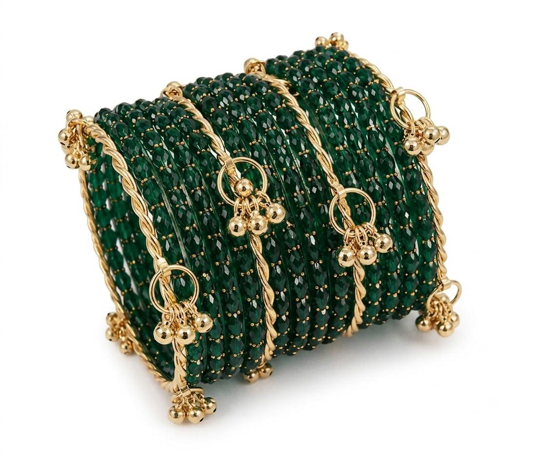 PEARLBAE Woman's GREEN Kashmiri Ghungroo Glass Bangle | glass bangles set for women |Traditional Transparent Fancy Glass Chudi Set for Wedding, Party. Set Of 16 (12 Glass + 4 ghungroo)