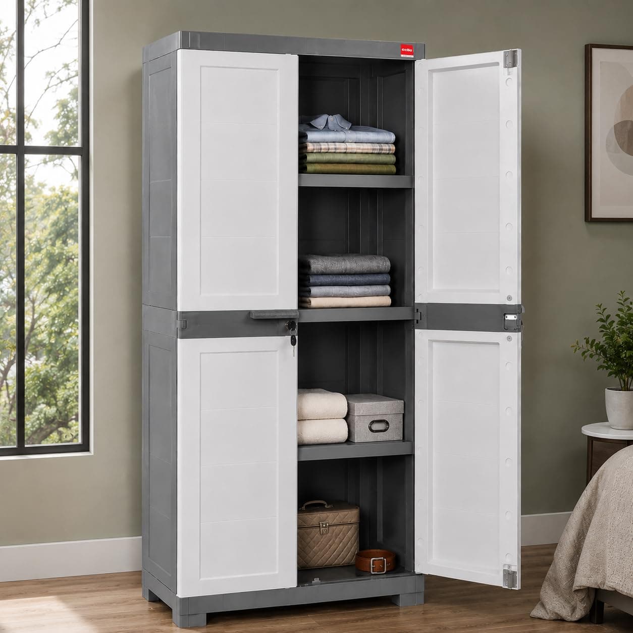 Cello Novelty Big Plastic Cabinet with Dustproof Doors| 3 Year Warranty | Almirah, Cupboard, Wardrobe for Home, Living Room, Bedroom, Kitchen, Office, Outdoor| White & Grey Colour