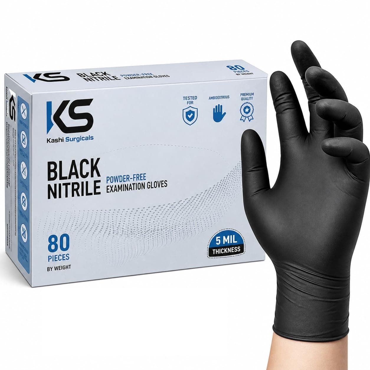 Kashi Surgicals Powder Free Nitrile Gloves, Food Grade, Made In Malaysia (Large, Black, Box Of 80) (Large), Pack of 1