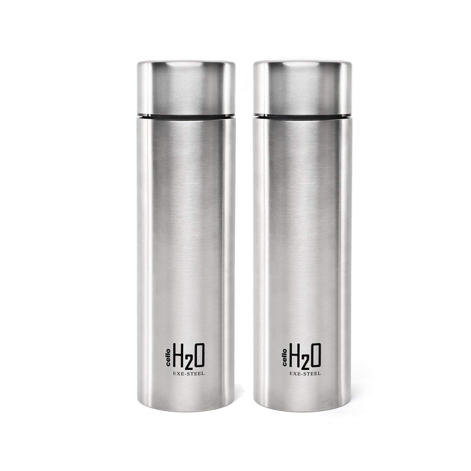 CELLO H2O Stainless Steel Water Bottle For Office & Daily Use Set of 2 Pcs, 1000 ml Silver | Single Wall Freezer & Fridge Safe, Lightweight Leakproof Rustproof Steel Water Bottle For School Gym Travel