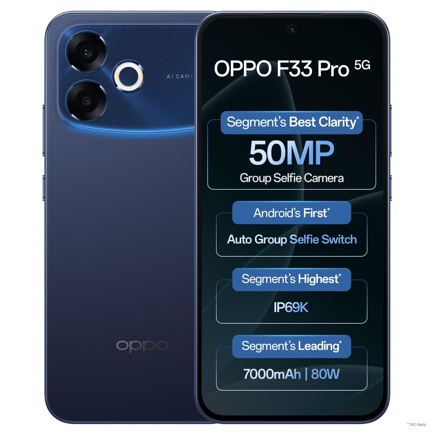 Oppo F33 Pro 5G Smartphone (8GB RAM, 128GB Storage, Starry Blue) |50MP Ultrawide Selfie Camera|7000 mAh Long Battery Life | 80W Fast Charging-with No Cost EMI/Bank Offers