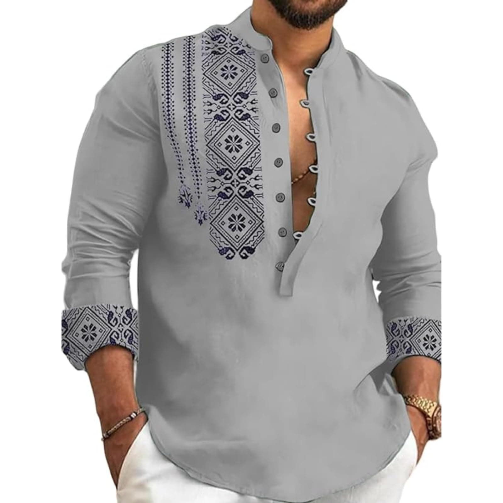 DEELMO Men's Cotton Blend Mandarin Collar Regular Fit Full Sleeve Casual Short Kurta, Grey, XL