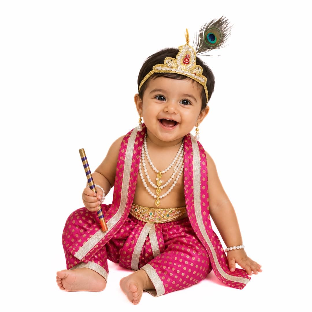 ITSMYCOSTUME Little Krishna Dress for Boys & Girls | Krishna Costume Set with Dhoti, Patka, 5 Layer Moti Mala, Mukut, Morpankh & Accessories | Janmashtami Fancy Dress for Kids - Pink