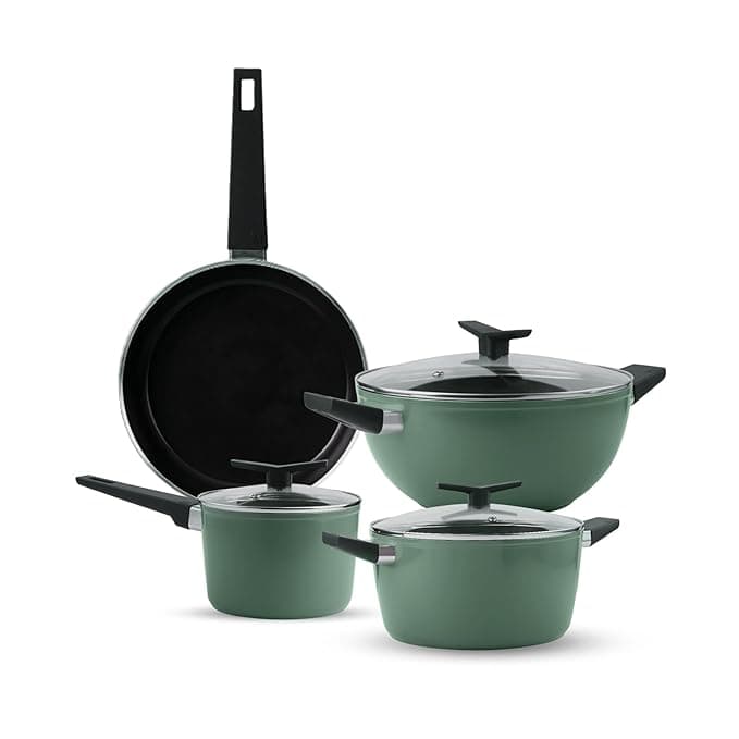 Tramontina Aura Cookware Set of 7 Kadhai 28cm with Lid, Fry Pan 24cm, Sauce Pan 16cm, Casserole 24cm with Lid | Reinforced Ceramic Non-Stick | Low-Oil Cooking | Bakelite Handle | Sea Green