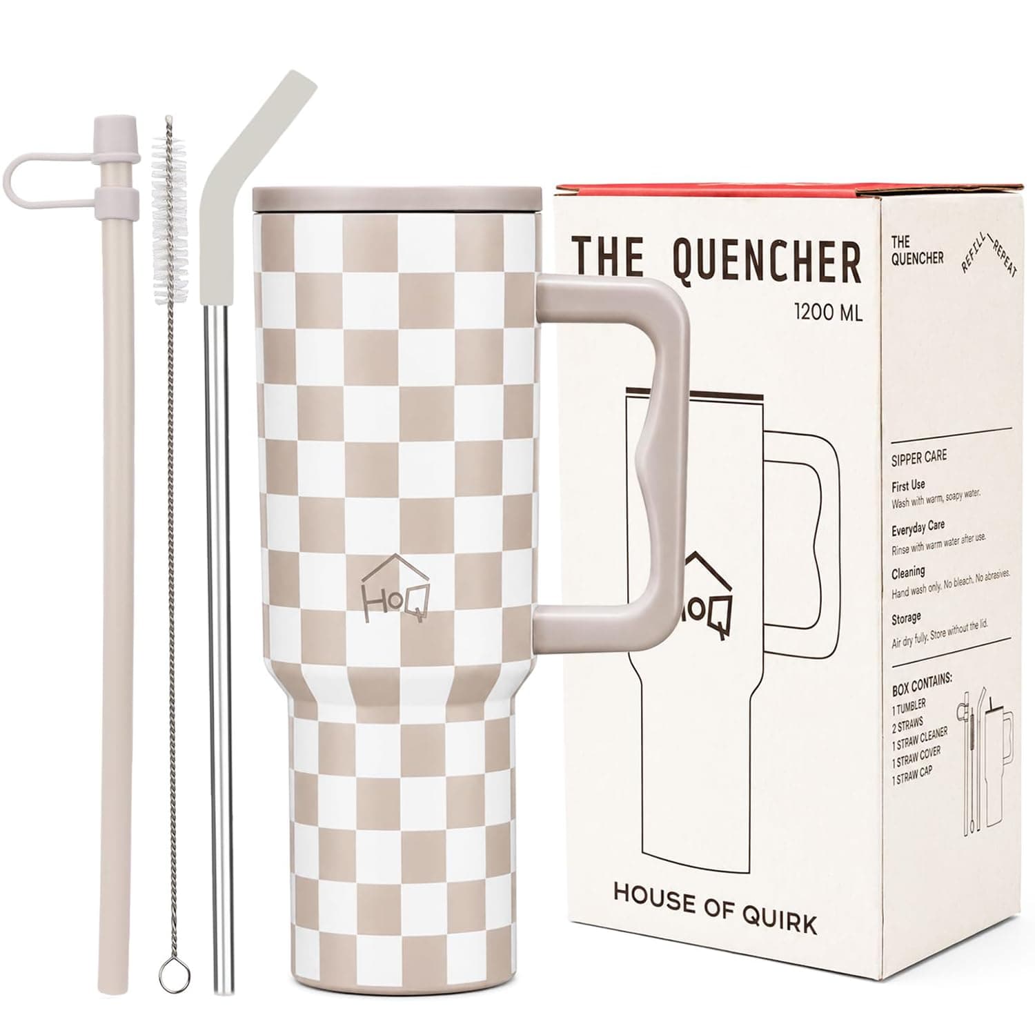 House of Quirk 1200ML Stainless Steel Tumbler with Handle & Lid, 2 Straws – Large Travel Mug Water Cup for Gym, Office & Outdoor Use (Oatmeal Check)