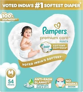 Pampers Premium Care Pant Style Baby Diapers M 54 Count | No Marks Design | Voted India’s #1 Softest Diaper | All in 1 diaper with 360 Cottony Softness