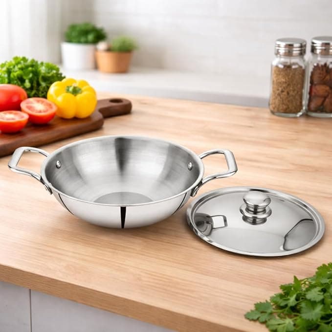 Heavy Bottom Triply Stainless Steel Kadhai with Lid 24cm 2.5L | 304 Grade | Induction Base | Less Oil Healthy Cooking | Indian Wok Deep Fry Pan Karahi (Silver)