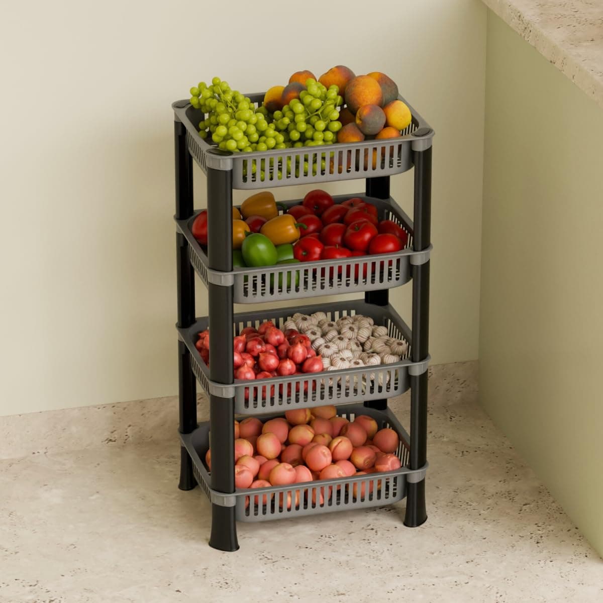 Biltoxi Multipurpose Plastic Kitchen Rack with Baskets | Vegetable & Fruit Storage Stand | Strong & Durable Organizer for Kitchen, Bathroom & Utility (4 Layer, Silver)