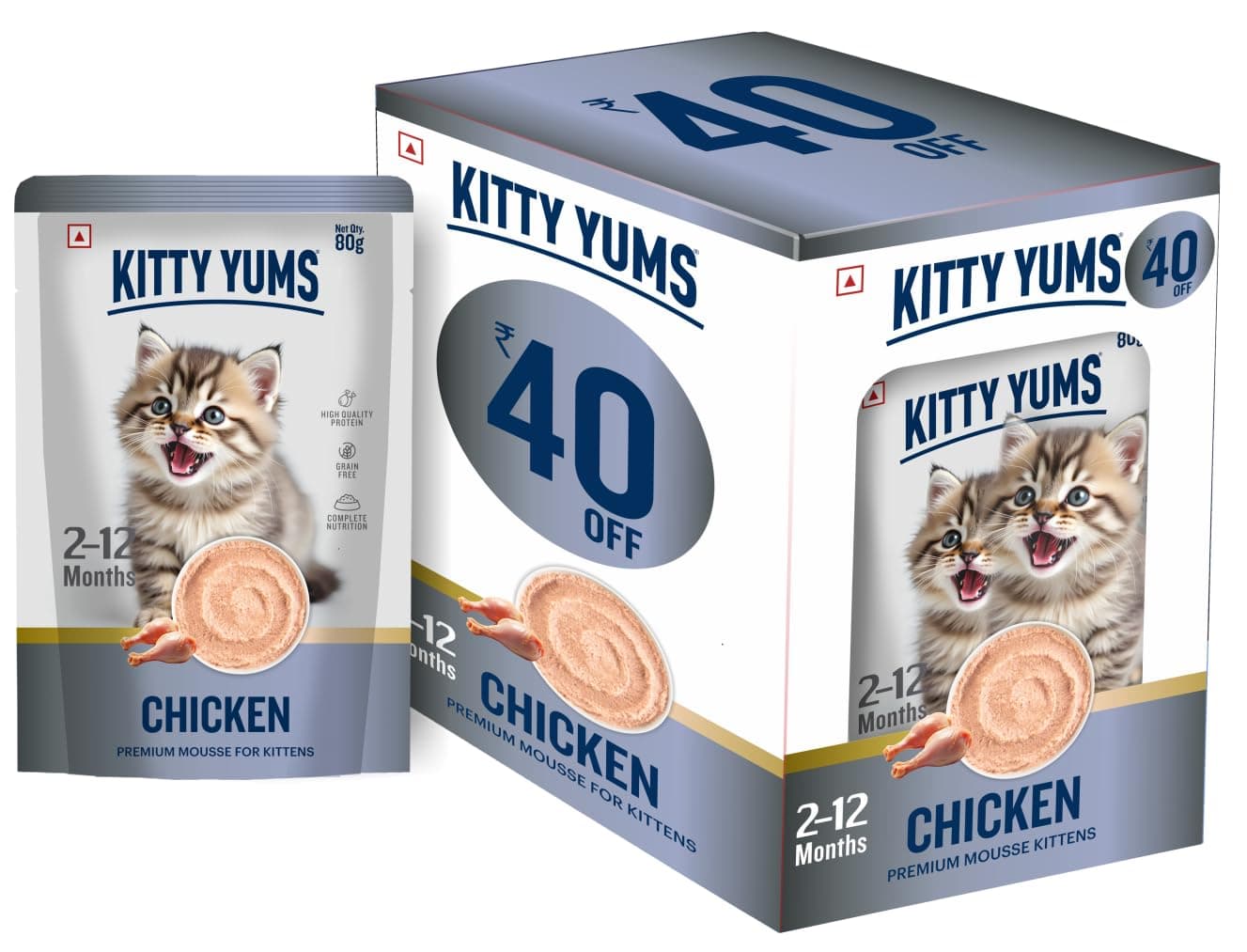 Kitty Yums Kitten Wet Mousse 80g(4+1) Pack of 5, 400g | Chicken | Rich in Protein | Promotes Hydration & Easy to Digest | No Artificial Flavours | Packed with Essential Vitamins & Antioxidants