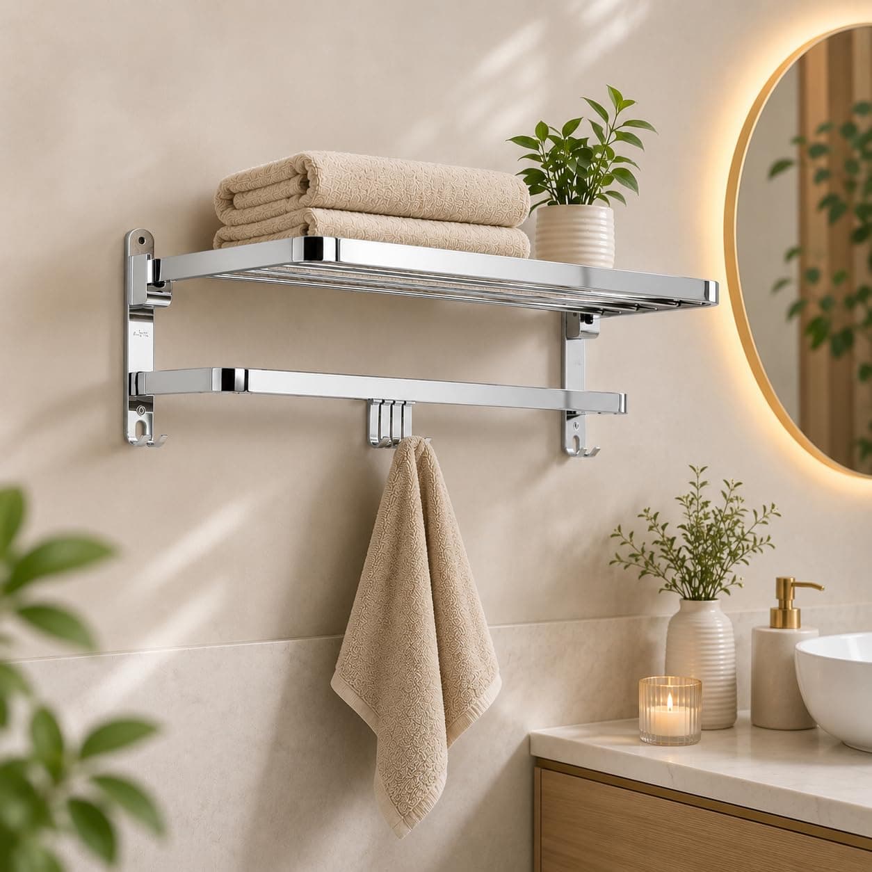 Hindware Bathroom Accessories-Stainless Steel 304 Grade Folding Towel Rack for Bathroom | 24 Inches | Towel Holder in Bathroom | Bathroom Stand