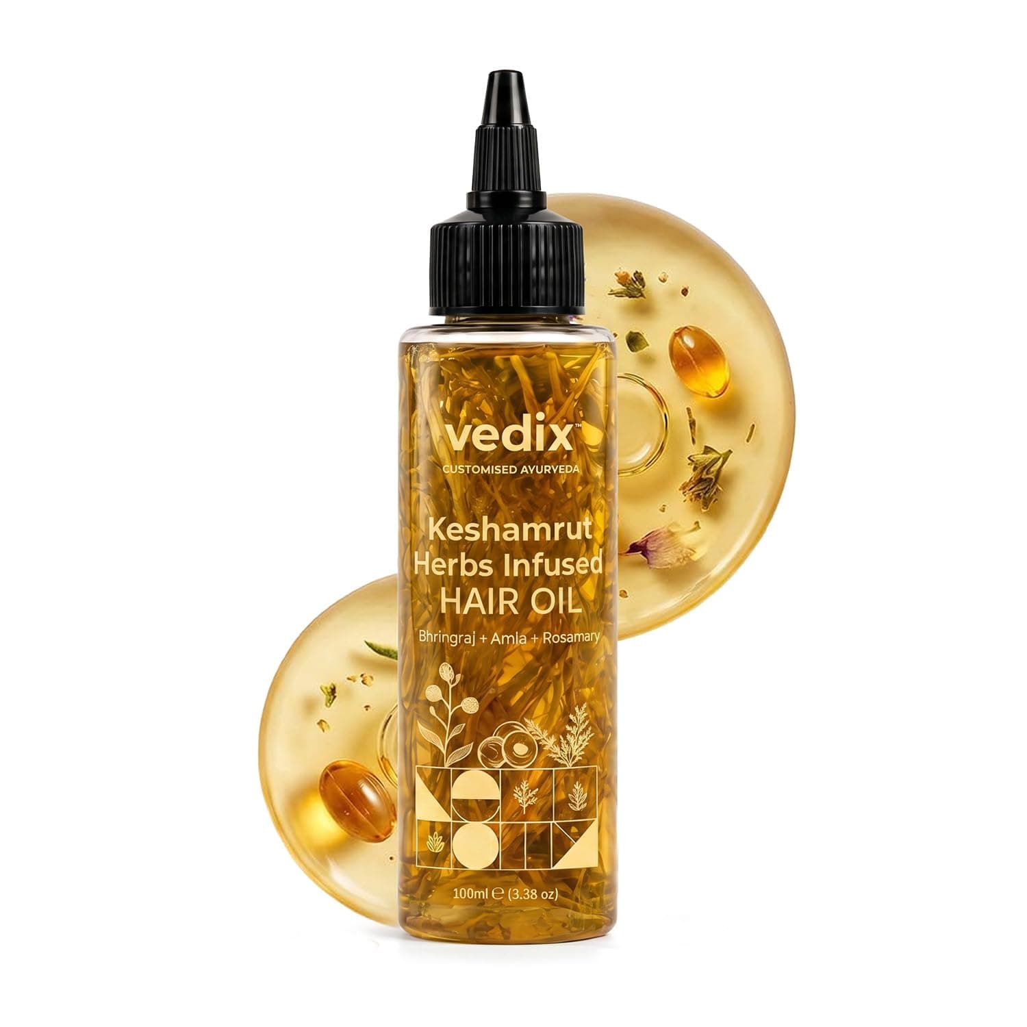 Vedix Keshamrut Herbs Infused Ayurvedic Hair Oil With Bhringraj, Amla & Rosemary I Control Hair Fall & Boost Hair Growth I 16+ Whole Herbs, Leaves & Flowers I For Men & Women I No Mineral Oils & Chemicals (100ml)
