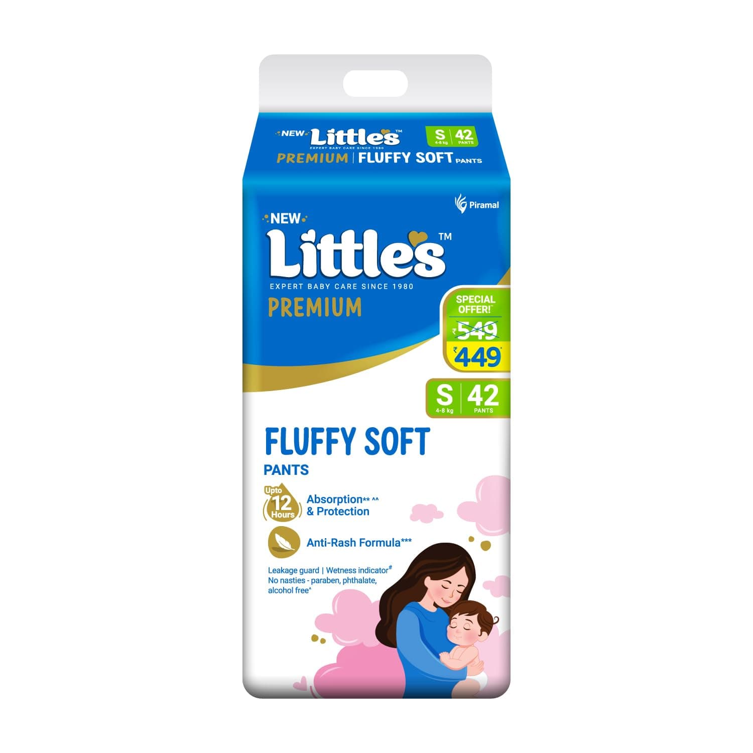 Little's Baby Pants Diapers with Wetness Indicator and 12 Hours Absorption, Small (S), 4-8 kg, 42 Count