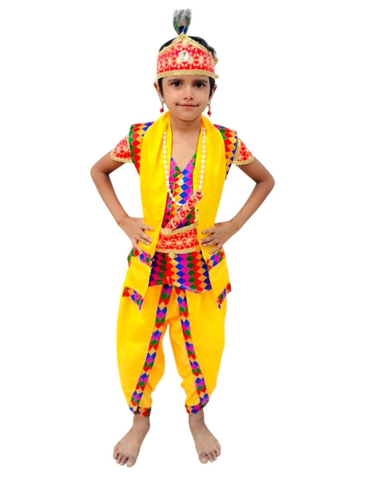 BookMyCostume Shri Krishna Multicolor Kids Fancy Dress Costume 9 Pcs Set with Red Accessories - Premium 4-5 years