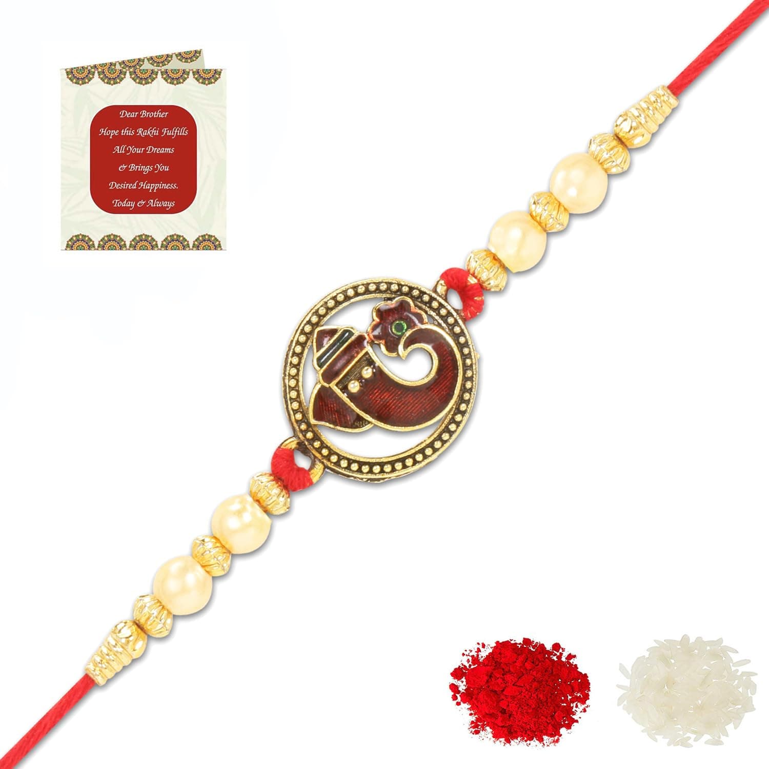 Riddhika Ventures Religious Gold Plated Meenakari Sacred Ganesha Rakhi with Roli Chawal and Greeting Card (G2)