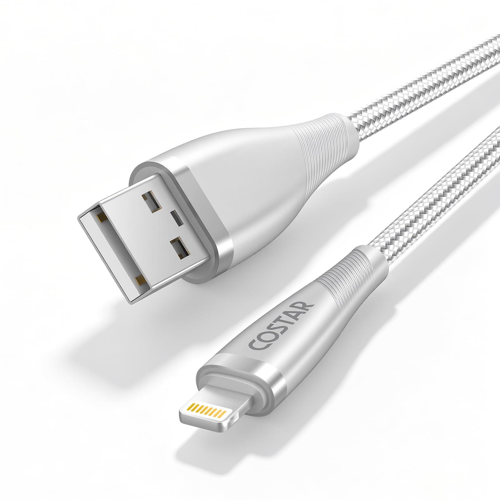 COSTAR USB to 8 Pin Charging Cable, 3A Fast Charger Nylon Braided Cable, Data Sync Transfer For iPhone 14 /Pro Max /13/12/12 Pro,11,Mini, X, 8,7,6(silver 2m)