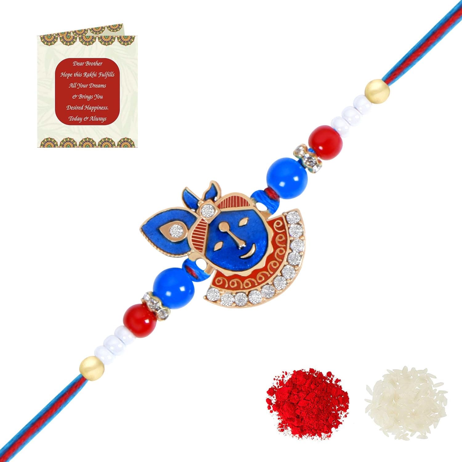 Riddhika Ventures Religious Gold Plated Meenakari Sacred Ganesha Rakhi with Roli Chawal and Greeting Card (W1)