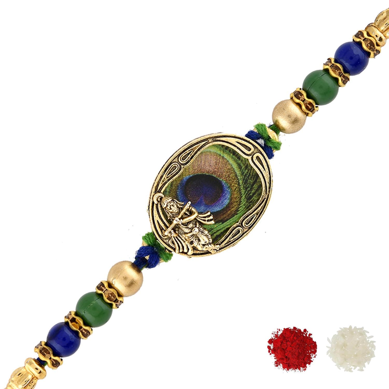 VOYLLA Peacock Feather Beaded Single Rakhi with Roli Chawal Pack -Rakhi For Brother