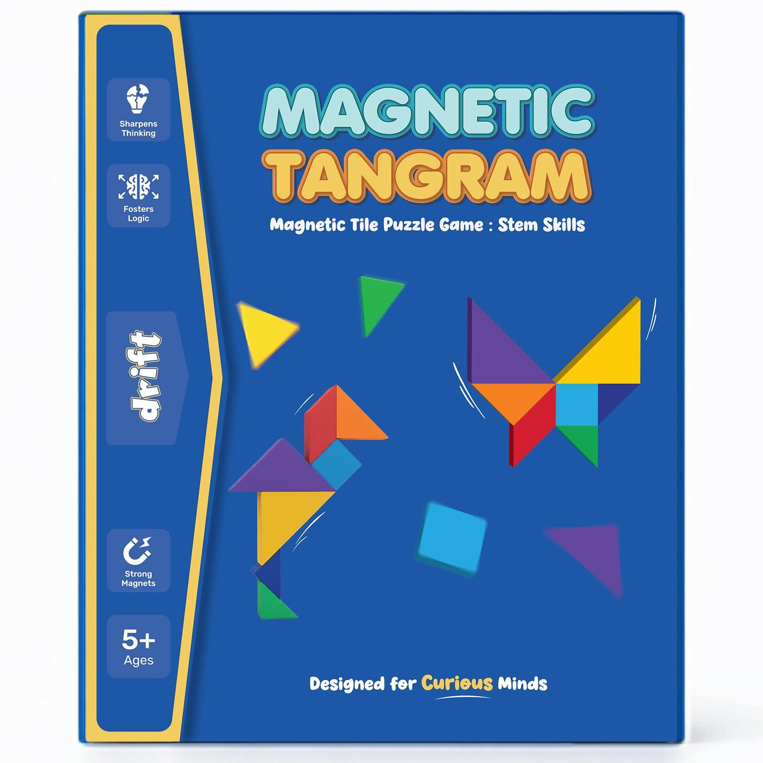Cubelelo Drift Magnetic Tangram Puzzle | with Strong Magnets, Wooden Pieces & Bold Colors | Toys for 5-10 Years Old Boys Girls & Adults | Travel Friendly, Educational Toy for Return & Birthday Gifts