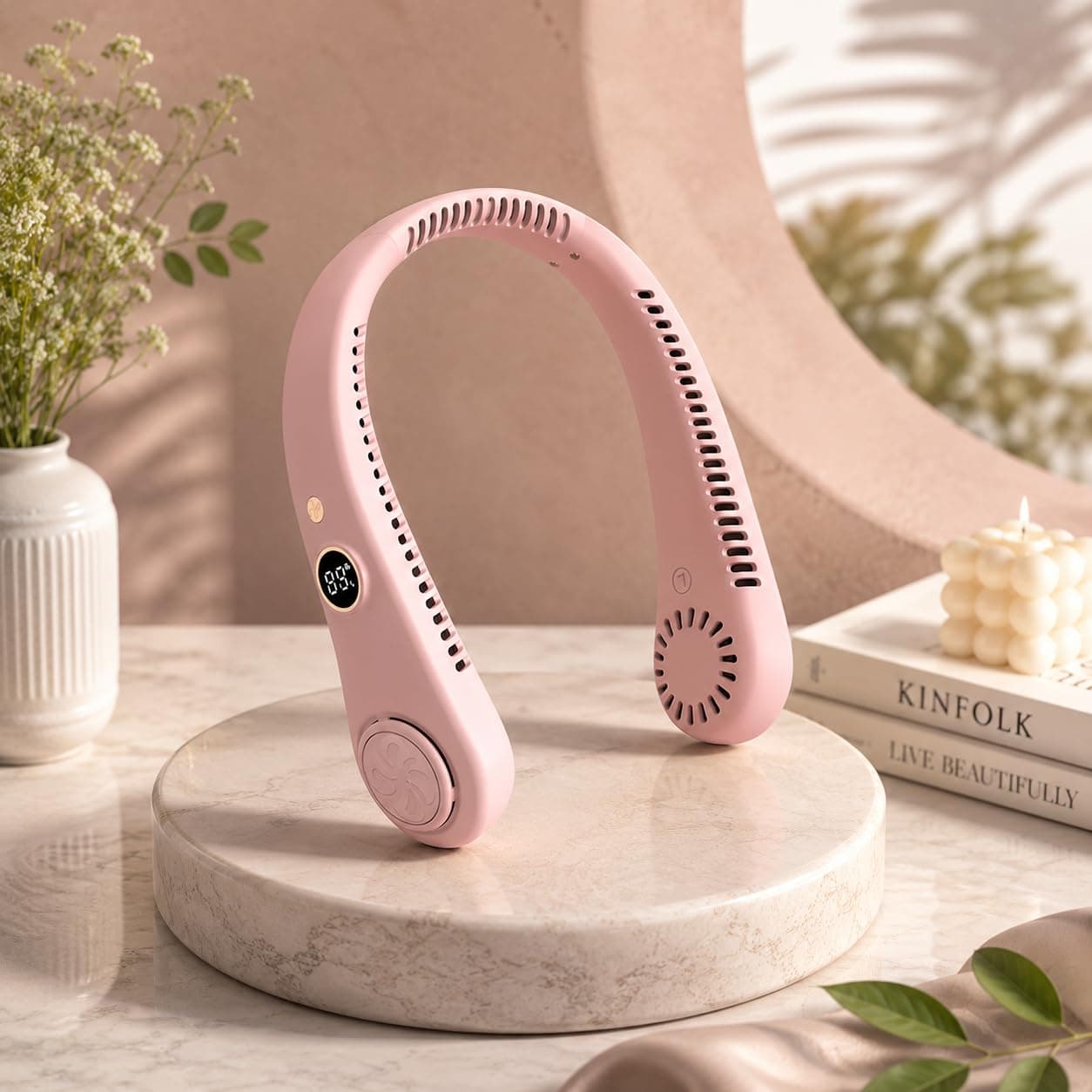 Gesto Portable Neck Fan Rechargeable – Hands-Free Neck Fan for Summer With 1500 mAh Battery & Display | 5-Speed 360° Airflow, USB Charging Personal Fan for Home, Kitchen, Gym, Travel, Running -Pink