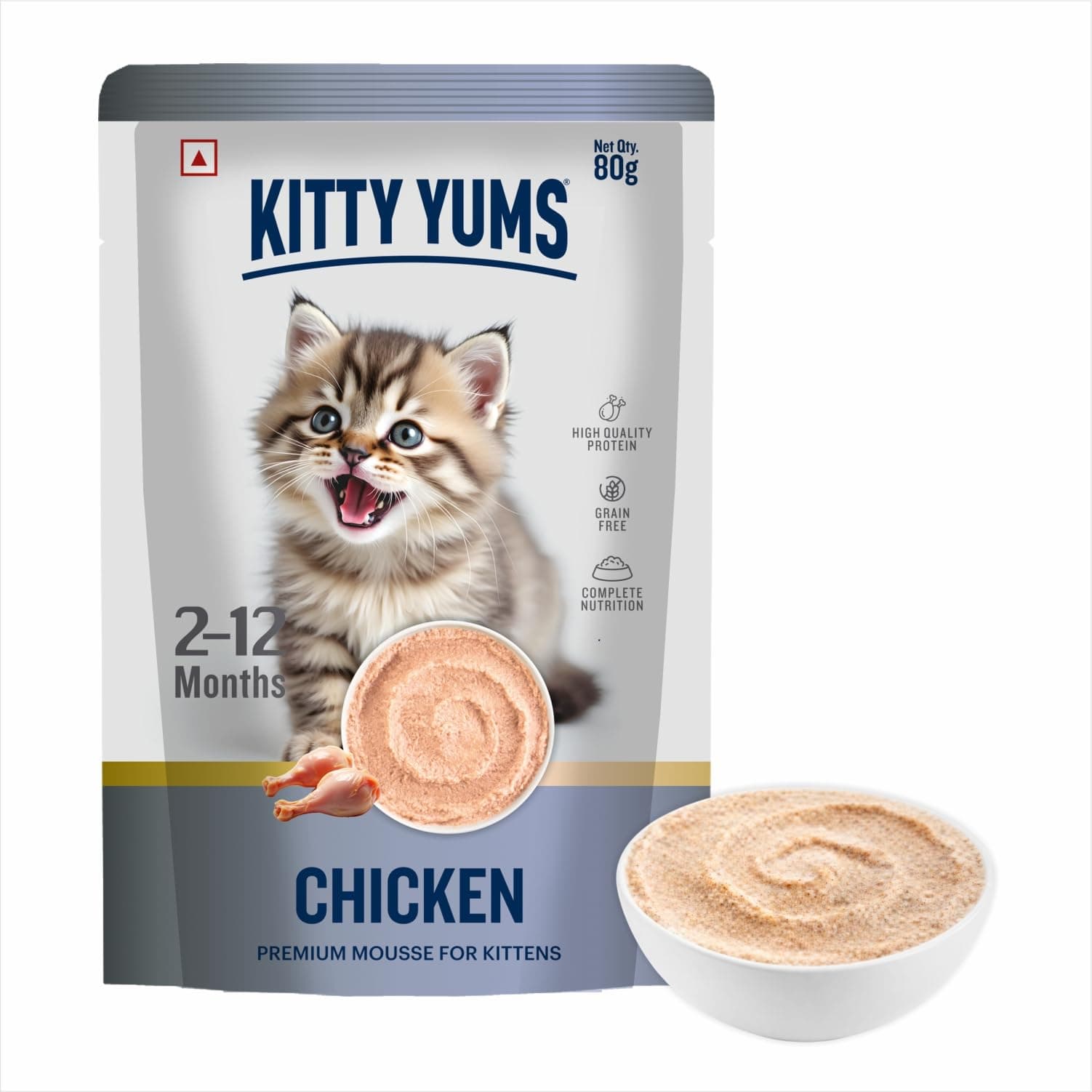 Kitty Yums Kitten Wet Mousse 80g | Chicken | Rich in Protein | Promotes Hydration & Easy to Digest | Grain Free | No Artificial Flavours | Packed with Essential Vitamins & Antioxidants