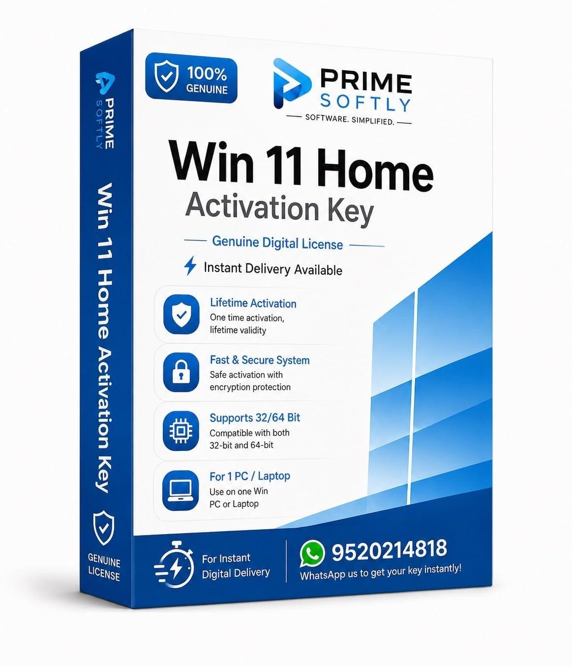 Win 11 Home Genuine Product Key | Lifetime Activation License | Instant Delivery by Email & WhatsApp | Supports 64 Bit Computers | Fast Secure Activation | One Device License