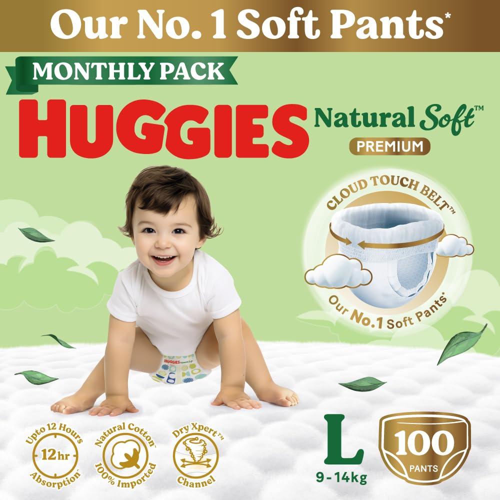 Huggies Natural Soft Premium Baby Diaper Pants, Our No.1 Soft Pants, Large (L) Size (9-14 Kgs), Monthly Pack of 100 Diapers|Cloud Softness All over with India's 1st Cloud Touch BeltTM (50 Count, Po2)