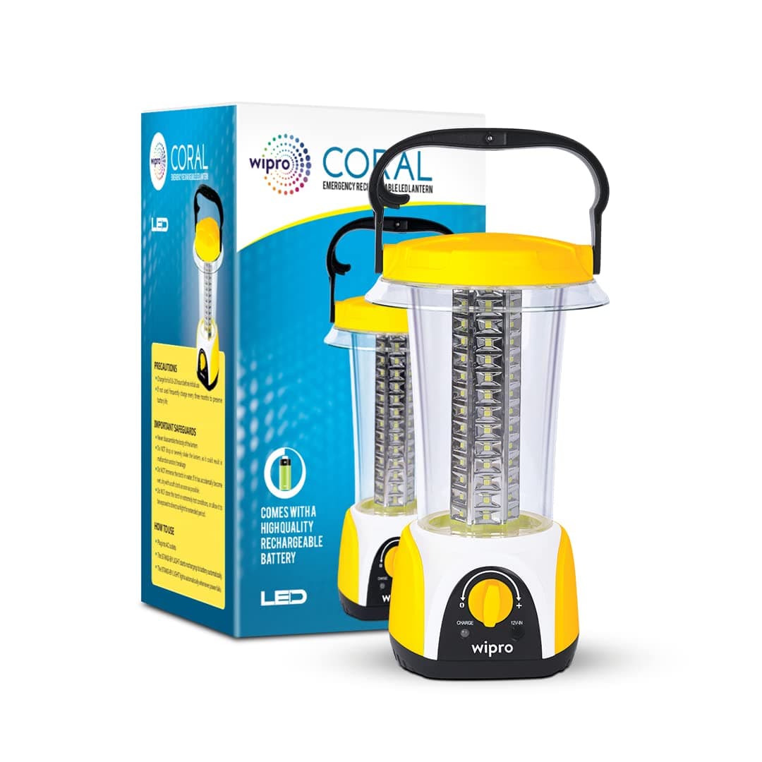 Wipro Coral Multi-Functional Rechargeable LED Emergency Lights, with 84 Individual LED Lights, 360 Degree Lighting and 3000mAH Lithium Battery, Yellow, Pack of 1