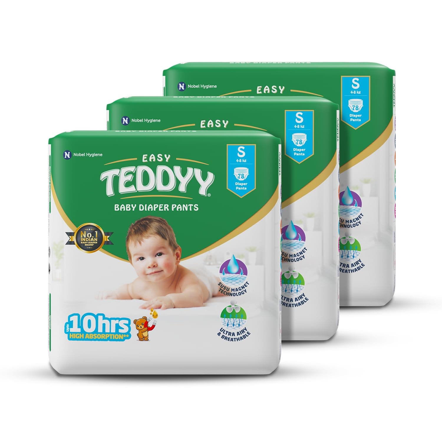 TEDDYY Easy Baby M Size Diaper Pant Style | 234 Count (Medium) | 4– 8 kgs (Pack of 3) | Long Protection Hours | Anti-Bacterial | Airy Breathable Fit | Rapid Soaker Channels with Wetness Indicator