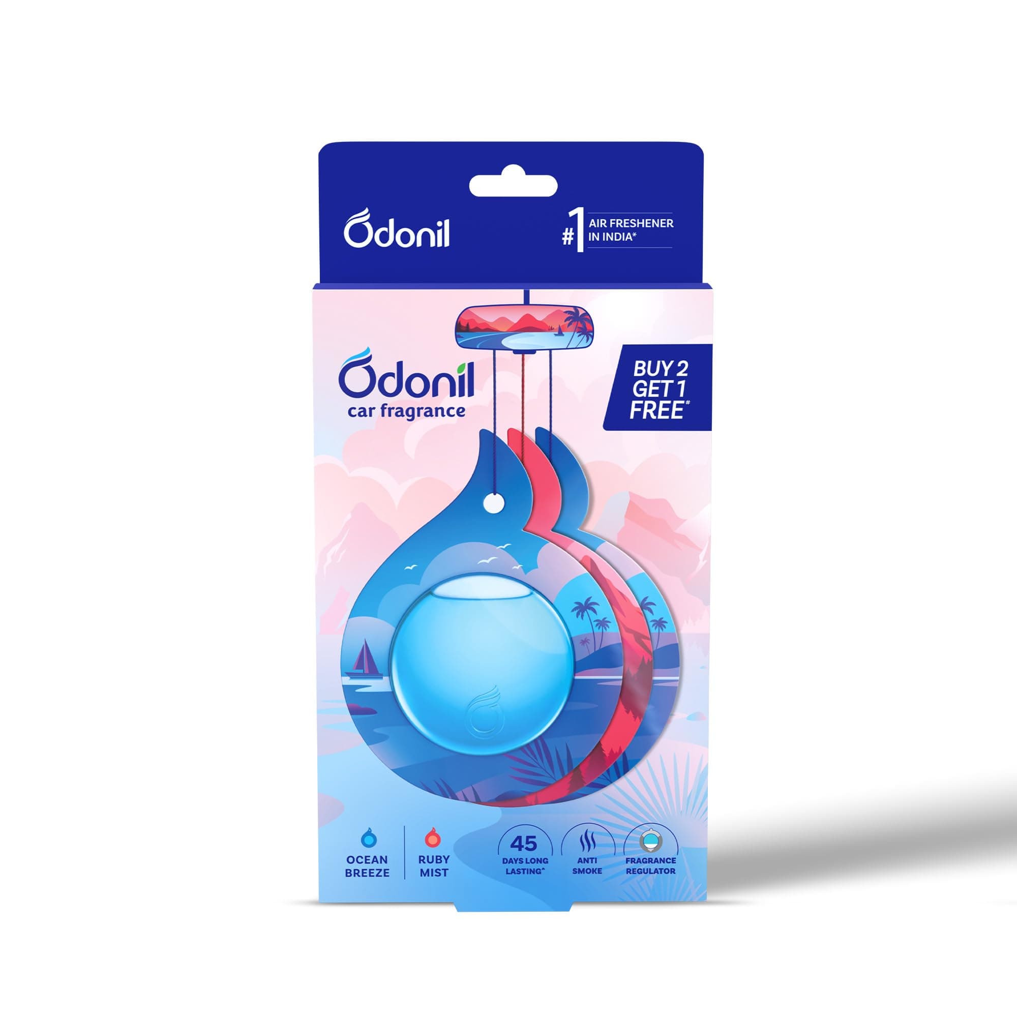 Odonil Car Fragrance 2+1 Mix Perfume - Long Lasting (upto 45 day) Car Air Freshener | Hanging Car Perfume | Fragrance regulator | Suits all cars