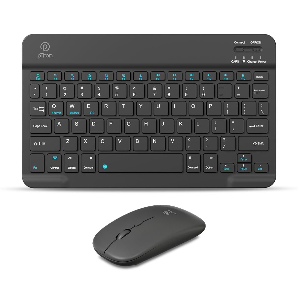 pTron Keyvo KW4 Mini Bluetooth Keyboard & Mouse Combo Set for iPad, Tablets, Smartphones, and Computers, 78 Keys, Ultra-Slim, w/ 1600 DPI Precision Optical Sensor (Black)