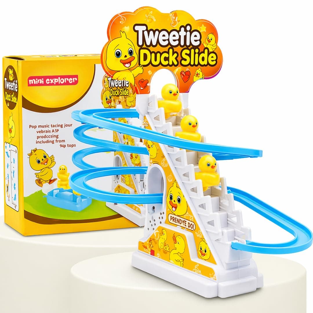 MiniExplorer Duck Track Toys for Kids – Stair-Climbing Escalator with Lights & Music, Includes 3 Small Ducks – Interactive Duck Track Slide Toy – Perfect Toddler Gift