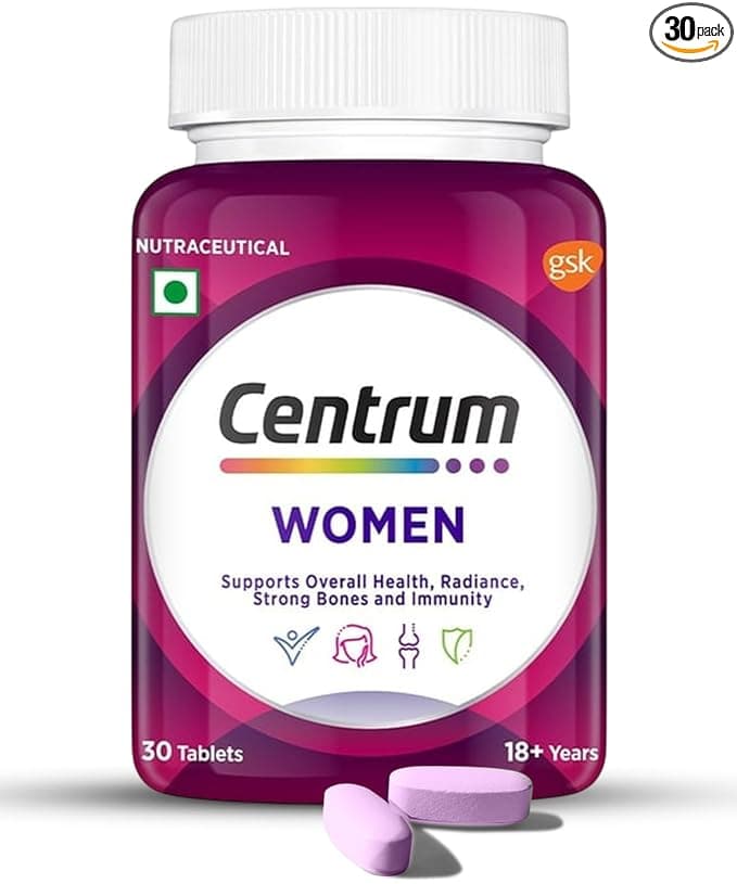 Centrum Women, World's No.1 Multivitamin with Biotin, Vitamin C & 21 vital Nutrients for Overall Health, Radiance, Strong Bones & Immunity (Veg) Pack of 30 Tablets
