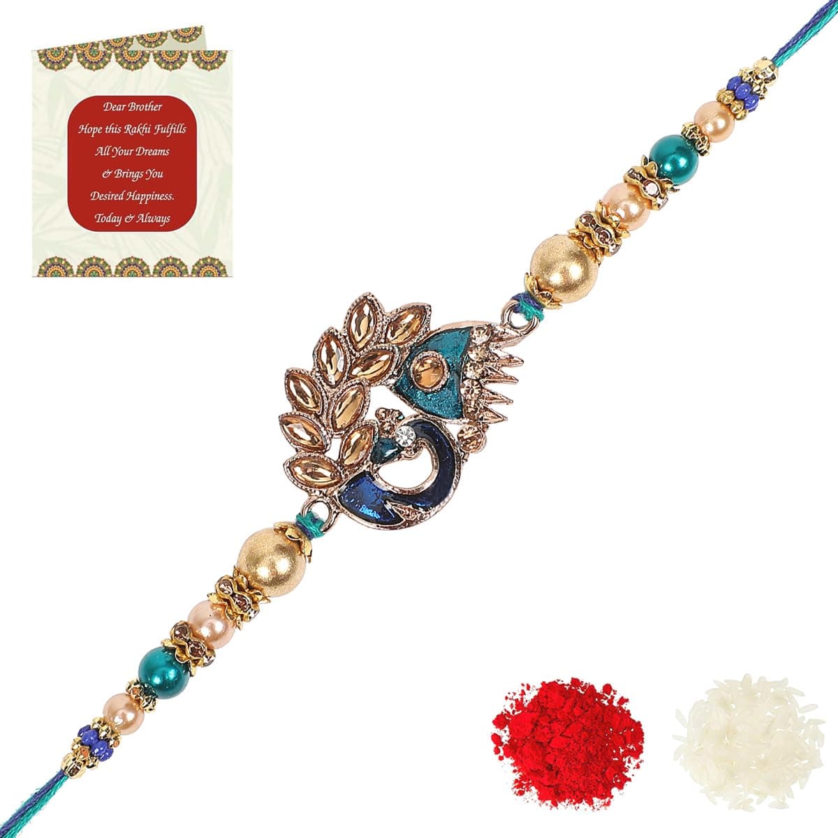 Riddhika Ventures Royal Blue Peacock and Diamond Ring Rakhi with Roli Chawal and Greeting card (K2)
