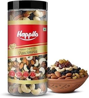 Happilo Premium Panchmewa Dry Fruit Mix 405g Jar | Fit for Fasting | Healthy Snacks Mixed Nuts Dates | Golden Raisins | Afghan Raisins | Cashews | California Almonds