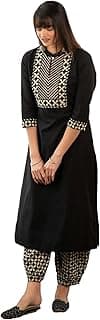 Yashika Women's 3/4 Sleeve Solid Black Color Kurti Pant Set, Cotton Blend, Knee Length, Stylish Ethnic Outfit, Office, and Casual Occasions