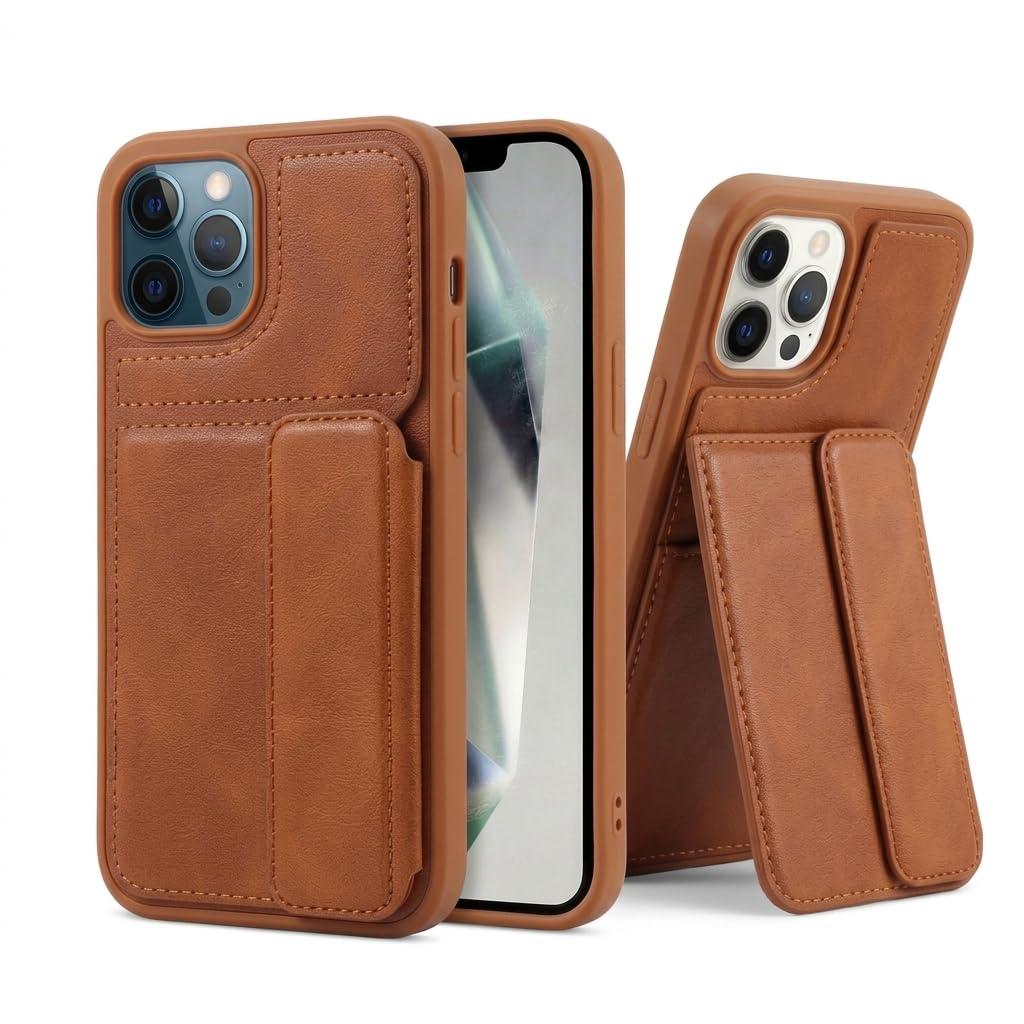 amazon basics Luxury Vegan Leather Back Cover for iPhone 12 Pro Max | Built-in Card Holder Slot | Integrated Mobile Stand | Slim Shockproof Protective Case with Stitched Finish - Tan