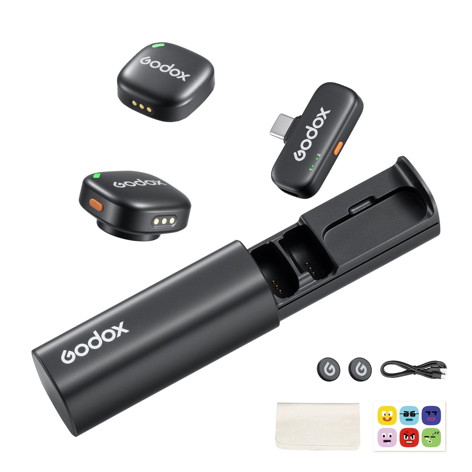 GODOX C01 Kit2 Wireless Lavalier Microphone for iPhone 15/16/17 & Android, 54H Use, USB C, Intelligent Noise Reduction, 48kHz/24bit & 200m Range for Vlogging, YouTube (2TX + 1USB-C RX + Charging Case)