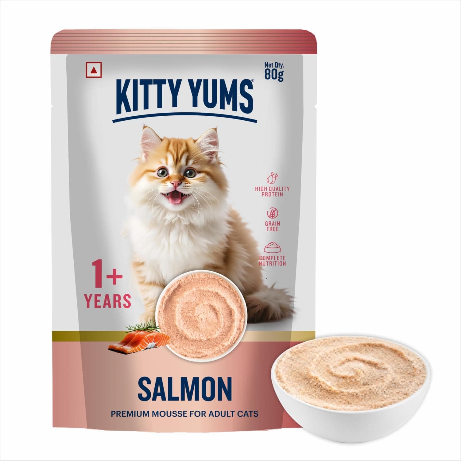 Kitty Yums Adult Cat Wet Mousse 80g | Salmon | Rich in Protein | Promotes Hydration & Easy to Digest | Grain Free | No Artificial Flavours | Packed with Essential Vitamins & Antioxidants