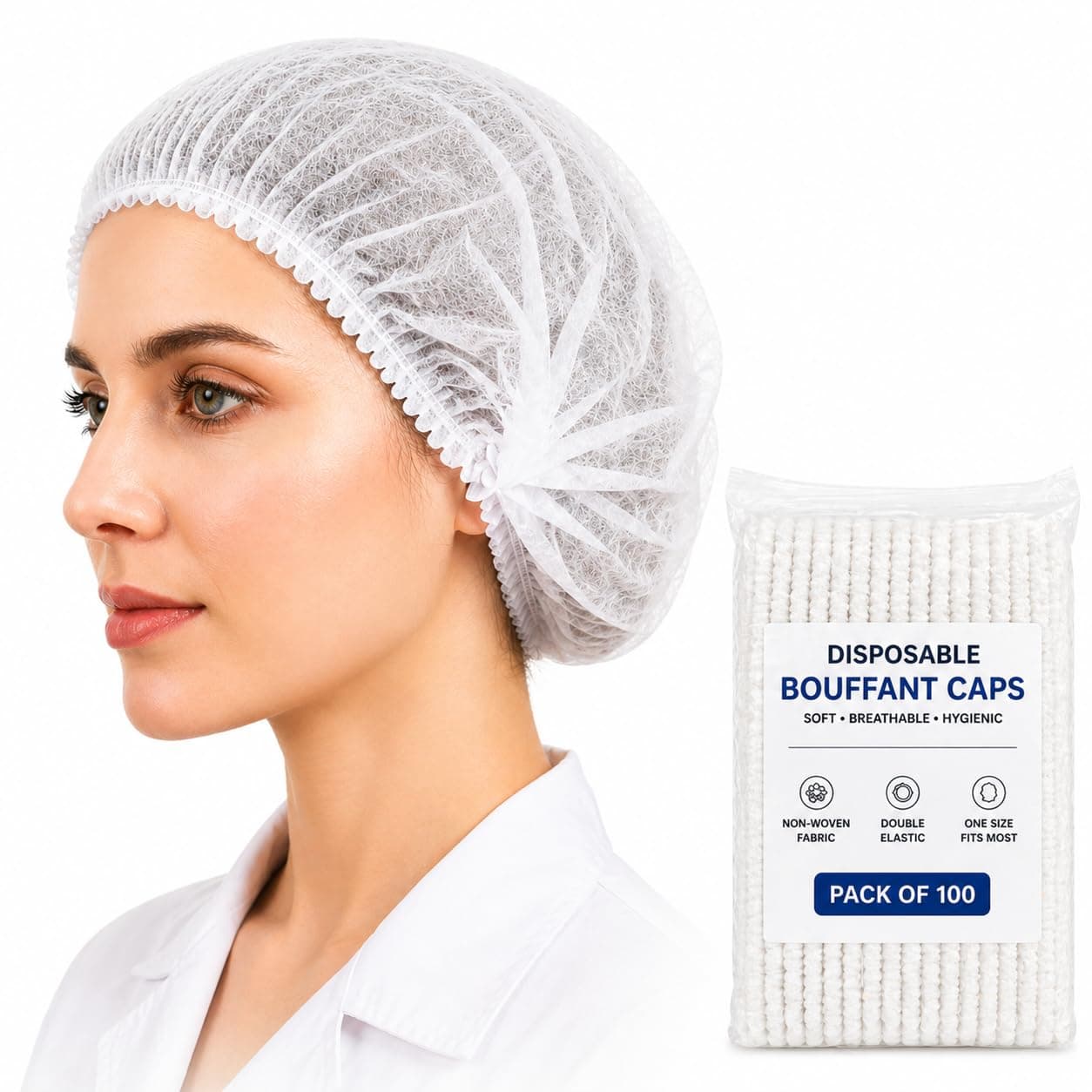 Kodenipr Club Disposable White Bouffant Caps (Pack of 100) – Thick Non-Woven Hair Cover with Double Elastic, Hygienic Head Caps for Kitchen/Cooking, Salon, Spa, Food Handling & Cleaning Use