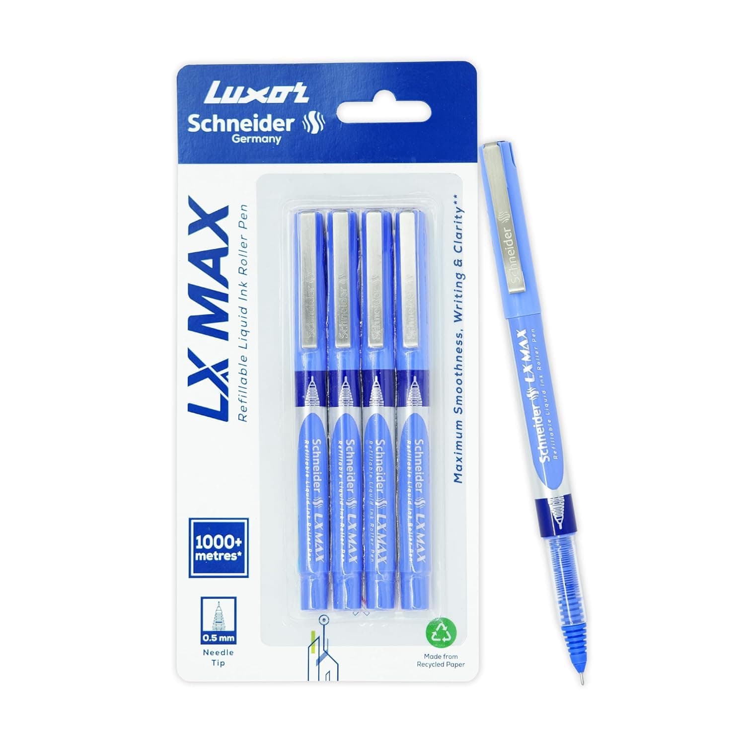 Luxor Schneider LX Max Roller Pen - 0.5mm Fine Tip | Smooth & Smudge-Free Writing | Pack of 1 Blue Pen