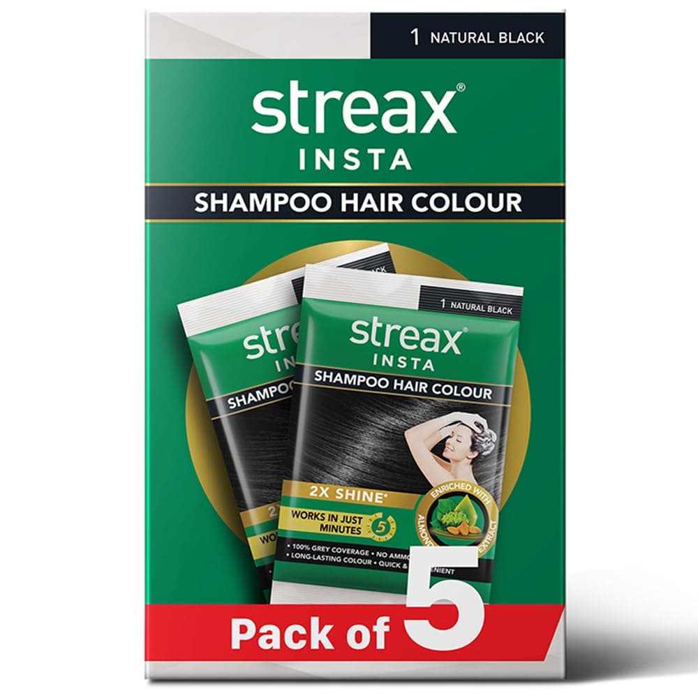Streax Insta Shampoo Hair Colour Black for Women and Men, Pack of 5 | Natural Black Hair Colour | 100% grey coverage in 5 minutes | Long lasting, easy to use