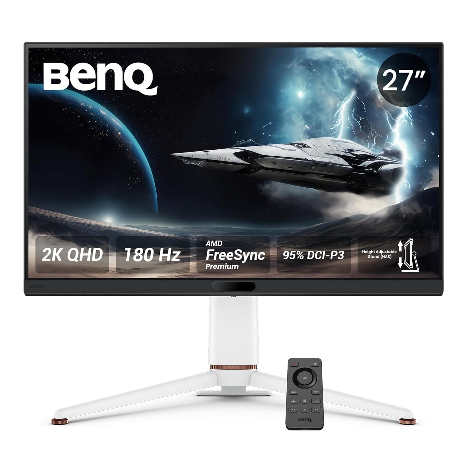 BenQ MOBIUZ EX271Q 27” (68.58 cm) 2K QHD 180Hz Gaming Monitor, 1ms GtG, AMD FreesSync Premium, DP 1.4, HDMI 2.0, 65W USB-C, 95% P3, Height Adjust, KVM, AI Color Adjustment, Remote Controller (White)