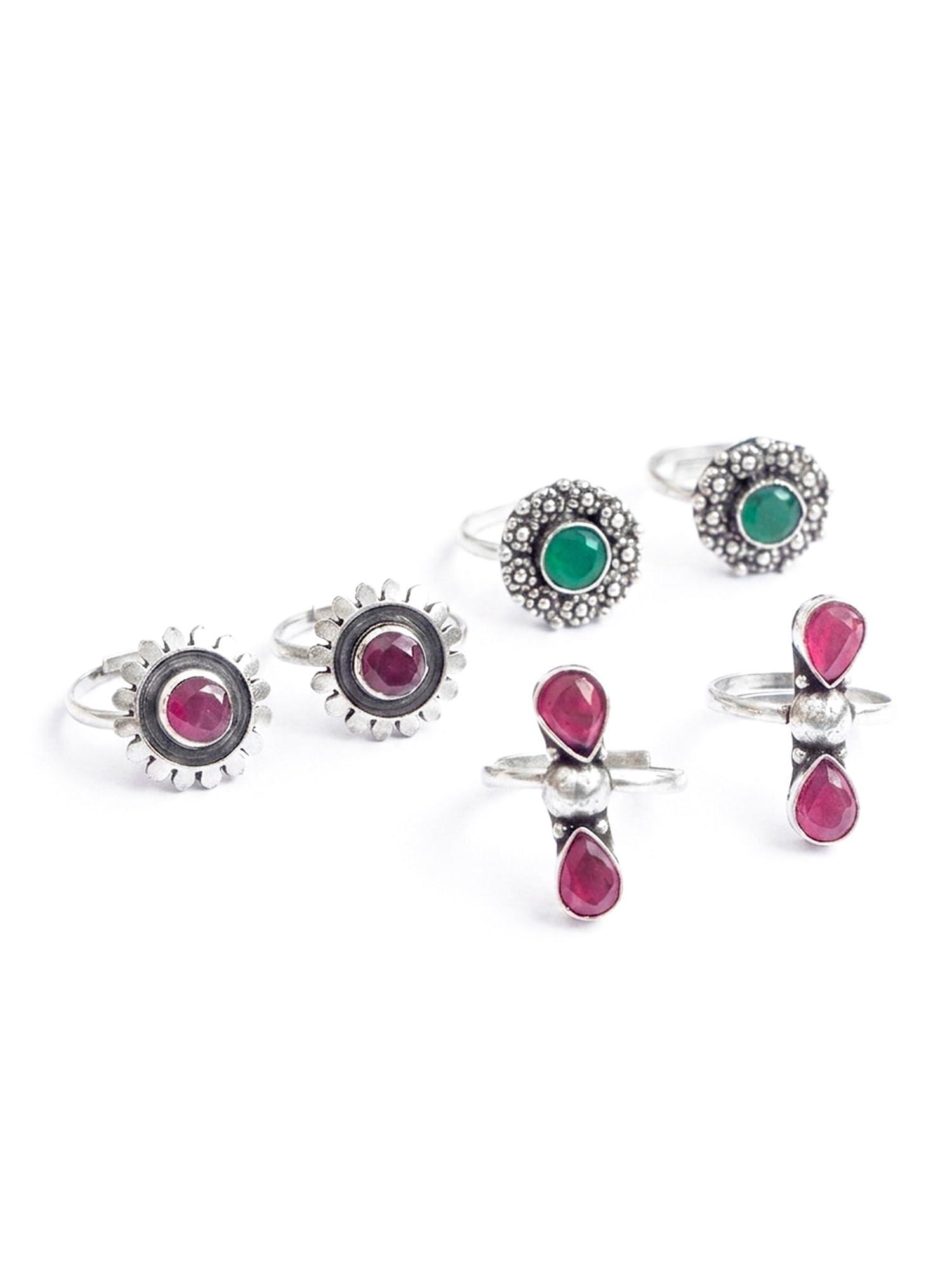 Vesara Toe Rings for Women Set of 3 | Oxidised Silver Bichiya for Women Metti | German Silver Toe Ring for Women Crystal Design | Adjustable Leg Finger Ring Stylish Ethnic Foot Jewellery Daily Wear Gifting