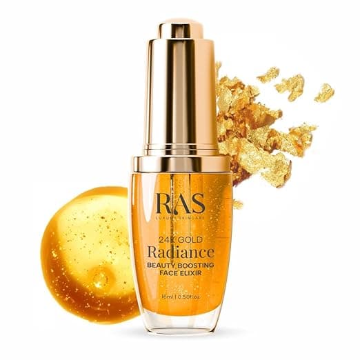 RAS Luxury Oils 24K Gold Radiance Elixir Face Serum for Glowing Skin, Skin Brightening, Reduce Wrinkles, Acne, Dark Spots, Natural & Organic
