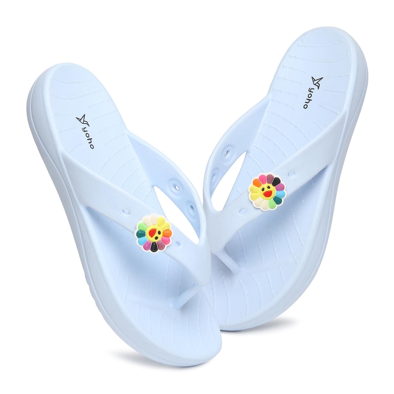 YOHO Women Slippers Drizzle Nova, Soft and Lightweight Flipflop Footwear for Woman with Charms, Home Wear Bathroom Chappal for ladies | Light Blue - UK 4