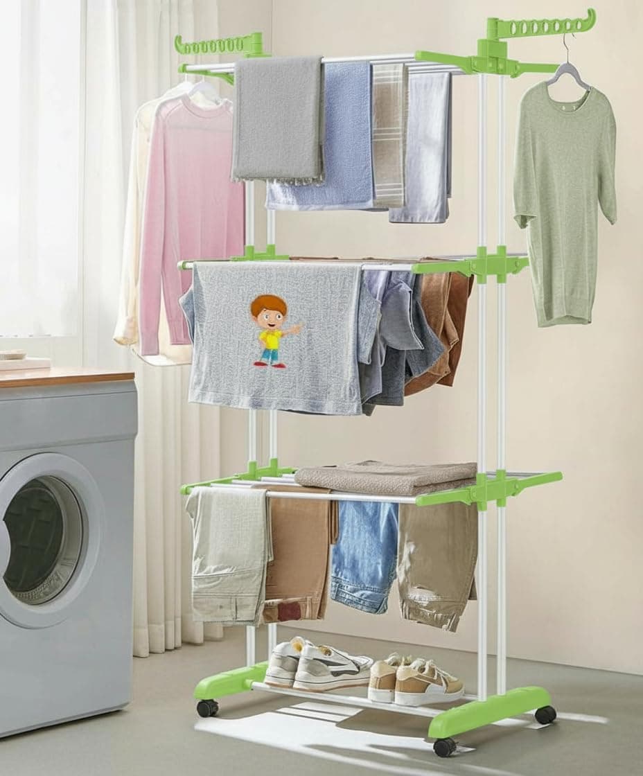 FLIPZON Premium 3 Layer Clothes Drying Stand with Wheels | Foldable Wings | Double Pole Alloy Steel Rack | 360° Rotatable Hanger Rods | Portable Balcony Laundry Dryer (White & Green)