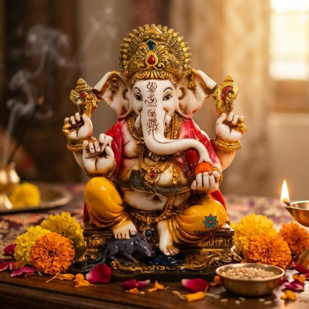 Ganpati Religious Statue Idol Ganesh Murti Home Decor for Puja Marble Dust Lord Ganesha 7 Inch Statue for Home Decor Mandir Temple Office Gift (18CM)