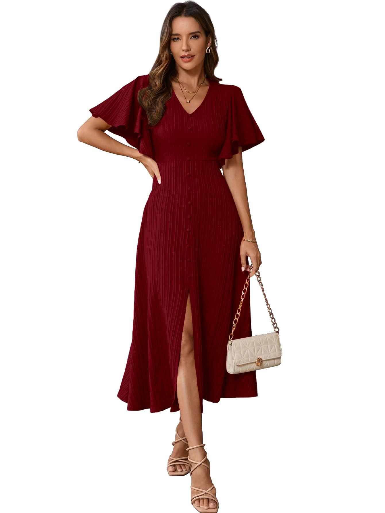 Shasmi Girl's & Women's Pleated Midi Dress with Flutter Sleeves | V-Neck Western Dress for Women | Elegant A-Line Summer Outfit | Office & Casual Wear (Dress 244) (in, Alpha, S, Regular, Maroon)